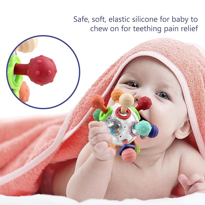 Baby Sensory Montessori Toy - Infant Teething Relief - Teethers for Newborn - Developmental Rattles Chew Toys Gifts for 0 3 6 9 12 18 Months Girl Boy -Toddler Travel Toy for 1 2 One Year Old (White)