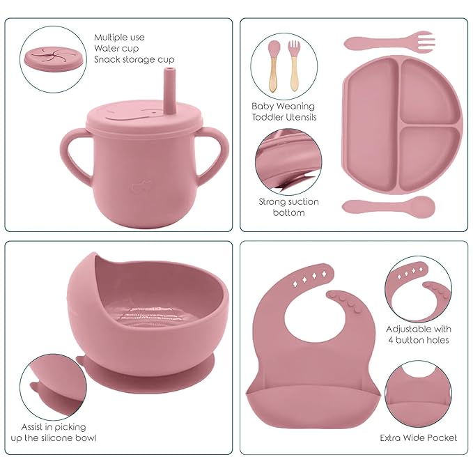Dormlony 100% Silicone Baby Feeding Set,BPA Free Baby Dishes Set with Suction Bowl Divided Plate,Toddler Self Feeding Dish Set with Spoons Forks Sippy Cup and Bib, Baby Eating Utensils (Coral)