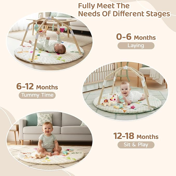 Bella's Friends Circus-Themed Baby Play Gym, 2-Sided High-Contrast Tummy Time Mat with 4 Detachable Sensory Toys, Foldable Wooden Frame Playmat for Stage-Based Development, Baby Essentials Shower Gift