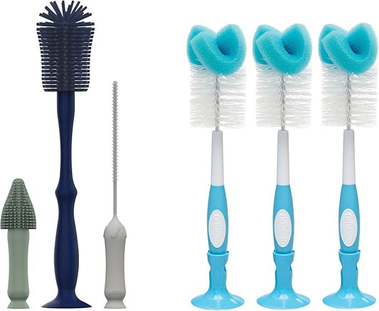 Dr. Brown's Silicone Cleaning Brush Set with Bottle, Spout, and Straw Brush, 3-Pack + Baby Bottle Sponge Brush, Blue, 3-Pack