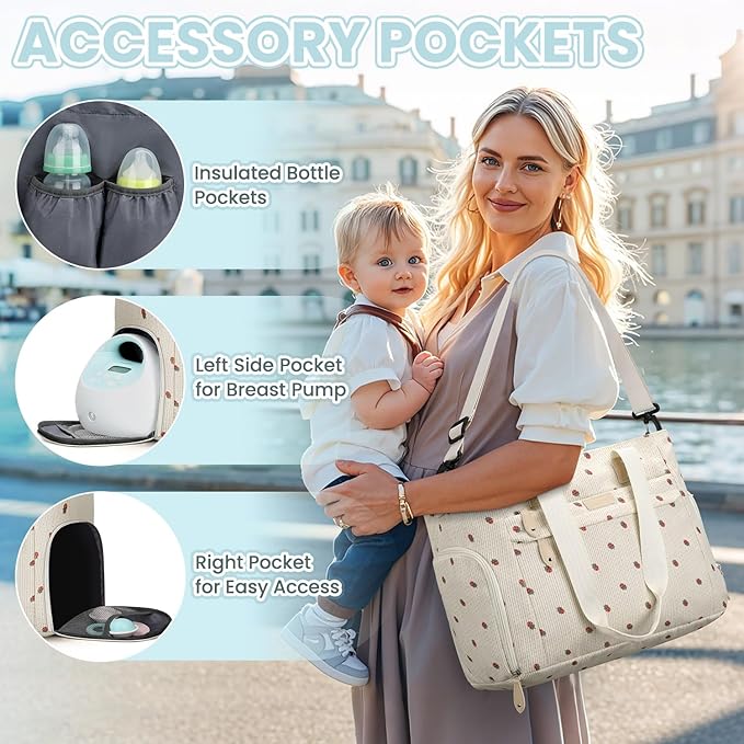 Large Travel Diaper Bag Tote with 14 Inch Laptop Sleeve, Breast Pump Bag for Mom and Dad, Mommy Maternity Travel Baby Bag for Boys and Girls, Strawberry