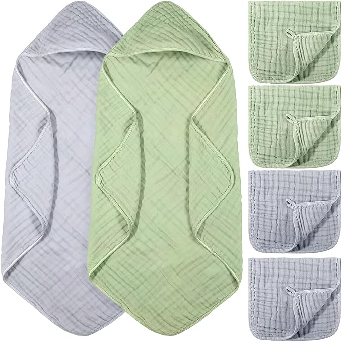 VitalCozy 6 Pcs Baby Muslin Hooded Bath Towels and Washcloths Muslin Cotton Hooded Baby Towels Absorbent Blankets for Gift Newborn Infant Shower (32 x 32 Inch,Light Blue,Light Green)
