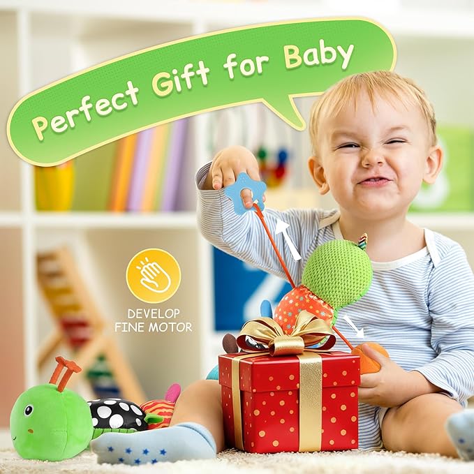 Baby Toys Sensory Musical Animal Stuffed Toy for Infant 0-3-6-12 Months Tummy Time Newborn, Plush Caterpillar with Mirror,Crinkle,Rattle Teething Toys for Baby Boys Girls Shower Gifts, Green