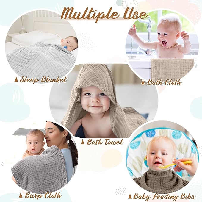 VitalCozy 8 Pcs Baby Muslin Hooded Bath Towels and Washcloths Muslin Cotton Hooded Baby Towels Absorbent Blankets for Gift Newborn Infant Shower (32 x 32 Inch,Neutral Colors)