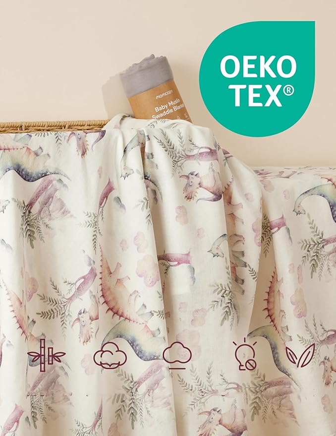 Momcozy Muslin Swaddle Blankets, Ultra Soft Neutral Registry Essentials, Jungle Dinosaur, Breathable Large 47'' x 47'' Newborn Boys Girls Receiving Blanket