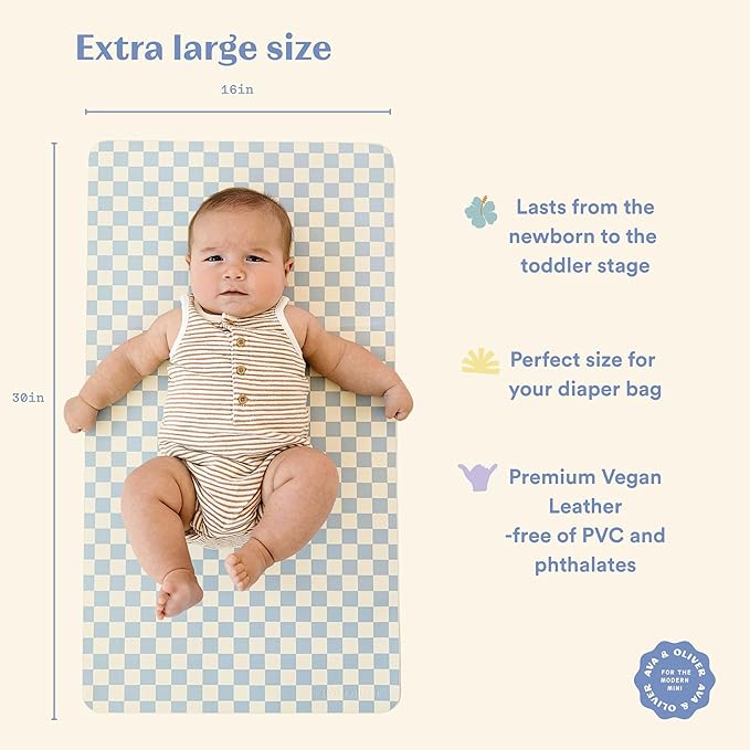 Ava + Oliver Vegan Leather Baby Changing Mat (16 X 30 in) - Multipurpose Wipeable and Portable Diaper Changing Pad - Foldable for Travel (Sky Checker)