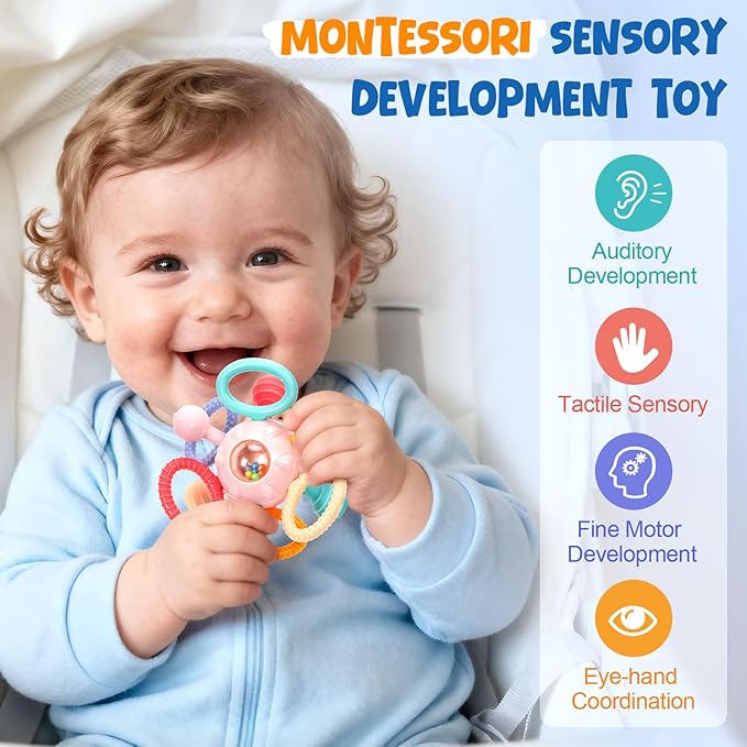 Baby Teething Toys for 0-6 6-12 Months, BPA Free Food Grade Silicone Teether, Infant Sensory Chew Rattles Toys, Gifts for Infant Newborn Boys Girls 0 3 6 9 12 18 Months, Light Pink