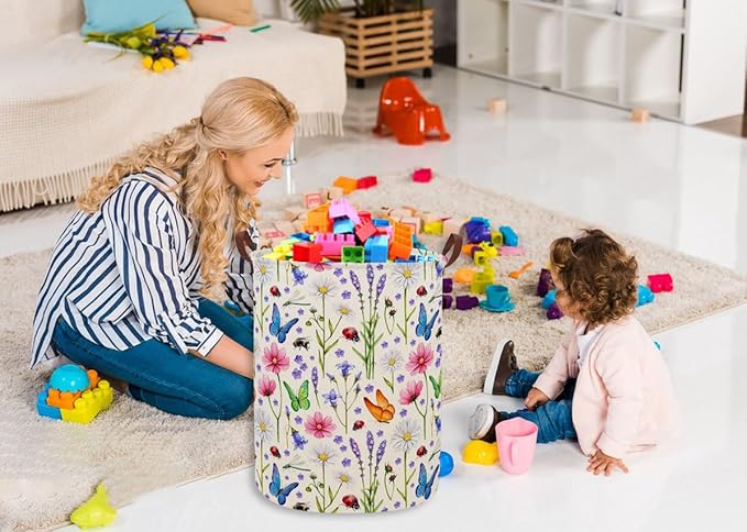 ESSME Kids Laundry Basket,Flower Hamper Collapsible Canvas Waterproof Storage Bin for Form, Nursery Hamper,Gift Baskets,toy bins(Flower cluster)