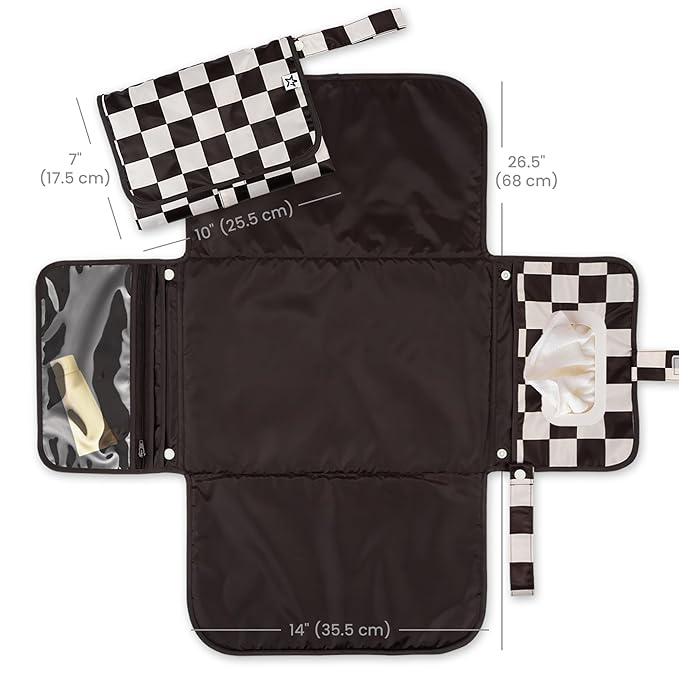 Tiny Twinkle Portable Diaper Changing Pad | Waterproof, Wipeable & Compact Baby Changing Pad for Travel | Smart Wipes Pocket & Organized Storage| Newborn Shower Gift (Black Checkers)