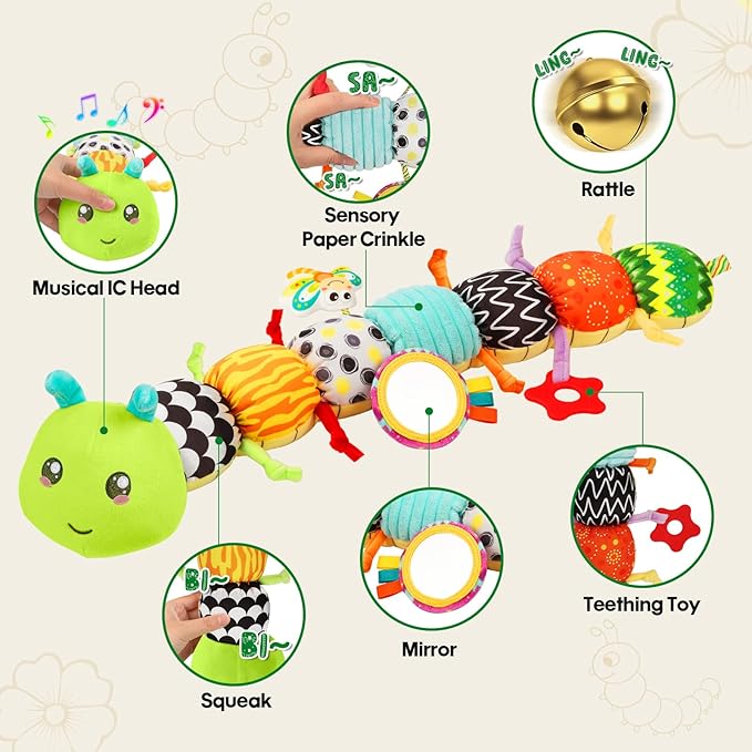Baby Toys Musical Caterpillar for 0-12 Months, Infant Stuffed Animal with Mirror, Crinkle & Rattle, Tummy Time Toy for Newborn 3 6 9 12 18 Months, Baby Shower Gifts for Boys and Girls