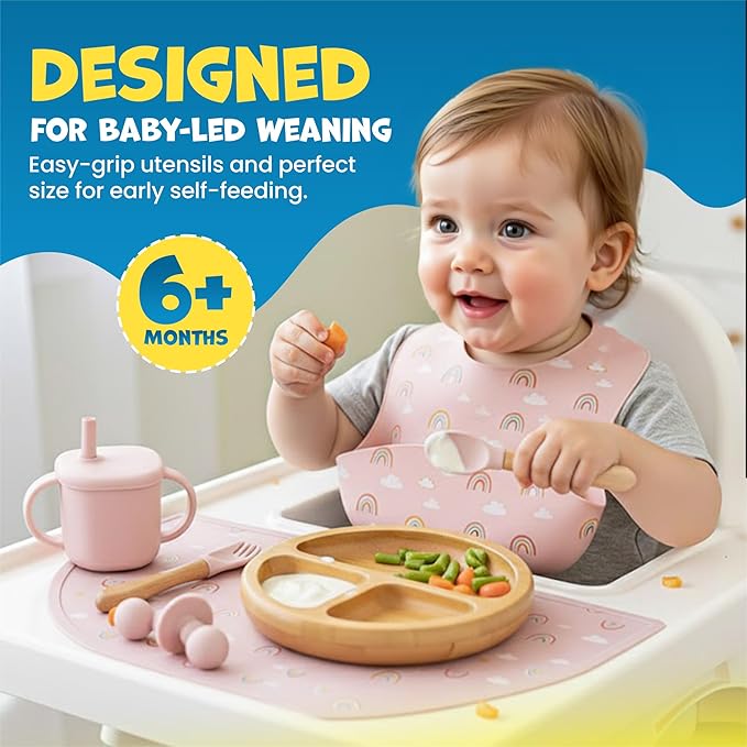 Bamboo & Silicone Baby Feeding Set 8 PCS | Baby Led Weaning Supplies Self Feeding | Divided Suction Plate Bowl Bib Sippy Cup with Straw Utensils Baby Bowls and Spoons Toddler Feeding Set (Pink)