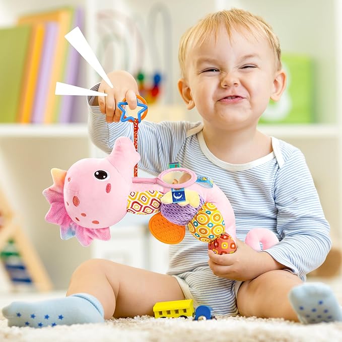 LIGHTDESIRE Baby Toys Musical Seahorse Stuffed Animals Infant Toys 0-6-12 Months with Mirror|Rattles|Crinkle|Baby Teething Toys,Sensory Toys for Tummy Time Newborn Boys Girls Birthday Gifts(Rose Pink)