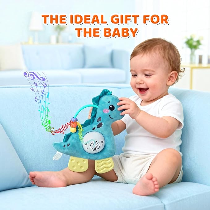 Baby Musical Activity Soft Toys with Sound & Light, Sensory Toys for Infant Developmental with Teether, Rattle and Textures, Soft Plush Toy for Newborn Gift 6 to 12 Months (Blue Dinosaur)