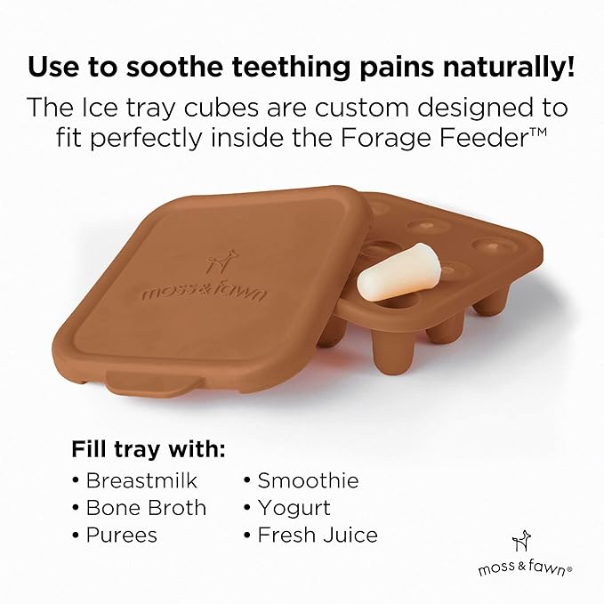 Moss and Fawn Baby's First Bites Bundle - Silicone Frozen Breast Milk Popsicle Kit with Forage Feeder & Teething Popsicle Ice Cube Tray - BPA, PVC, & Lead-Free - Foliage