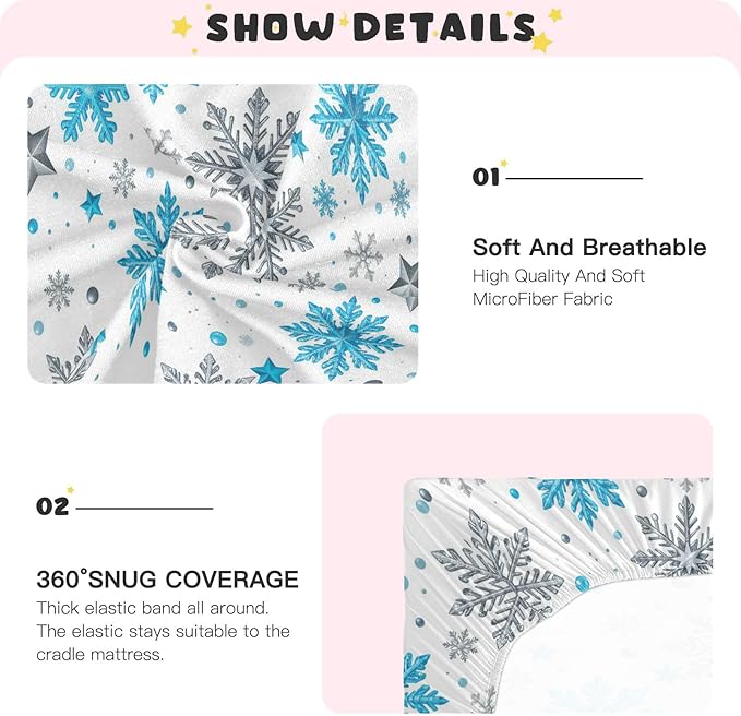 Pfrewn Christmas Crib Sheets for Boys Girls Silver and Blue Glittering Snowflakes Stars Fitted Crib Sheet for Mini Crib Mattress Stretch Soft Winter Pattern Toddler Baby Playard Sheet,39x27IN