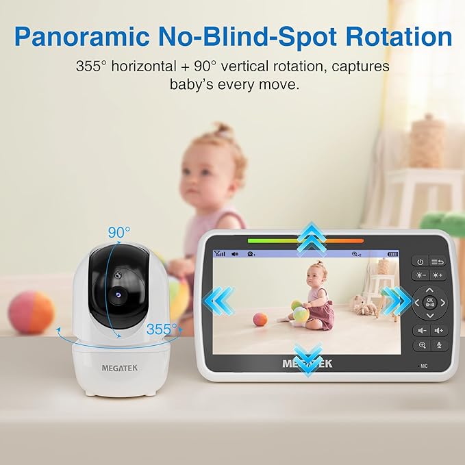 MEGATEK 5" Screen Video Baby Monitor with Audio and Pan-Tilt Camera, Night Vision, Temperature Alert & Two-WayTalk,ECO Mode, Brightness/Volume Control
