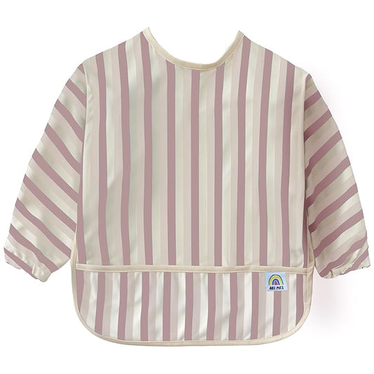 ARI MES Long Sleeves Waterproof Baby Bibs for Eating - Pink Stripes, Medium- Wearable, Coverall for Toddler, Long Sleeve Bib, Smock Apron for Feeding - Applicable for 6-72 Months