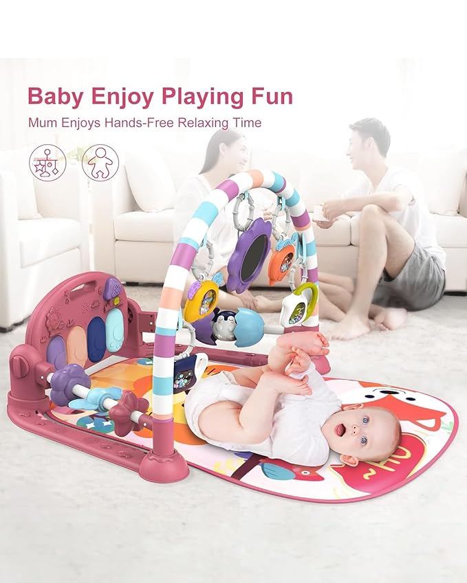 dearlomum Baby Play Mat Gym,Funny Play Piano Interactive Baby Activity Mat with 5 Infant Sensory Toys & 4 Wrist Rattle Socks, Boy & Girl Gifts for Newborn 0 to 3 6 9 12 Months(Pink)