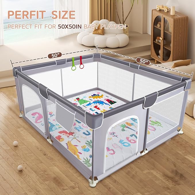 TreeBud Baby Play Mat - Thicken 50x50 Inch Soft Foam Crawling Mat for Playpen & Floor, Non-Slip Waterproof Playmats for Infants & Toddlers, Portable Foldable & Machine Washable, Dinosaur & Letters