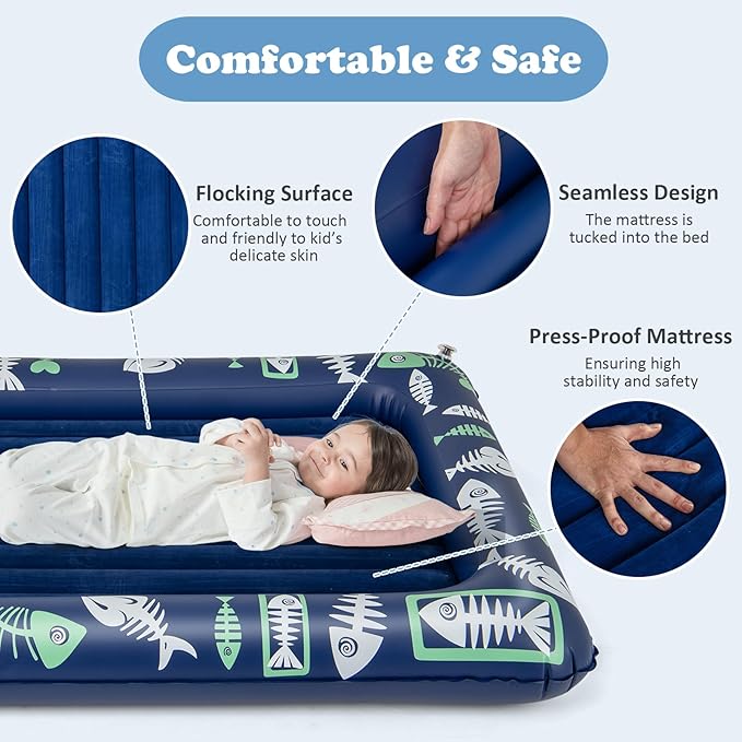 Costzon Inflatable Toddler Travel Bed, Kids Air Mattress Set w/Electric Pump, 4 Sides Safety Bumper & 2-in-1 Multifunctional Design, Portable Toddler Bed for Travel, Camping, Home-use (Blue)