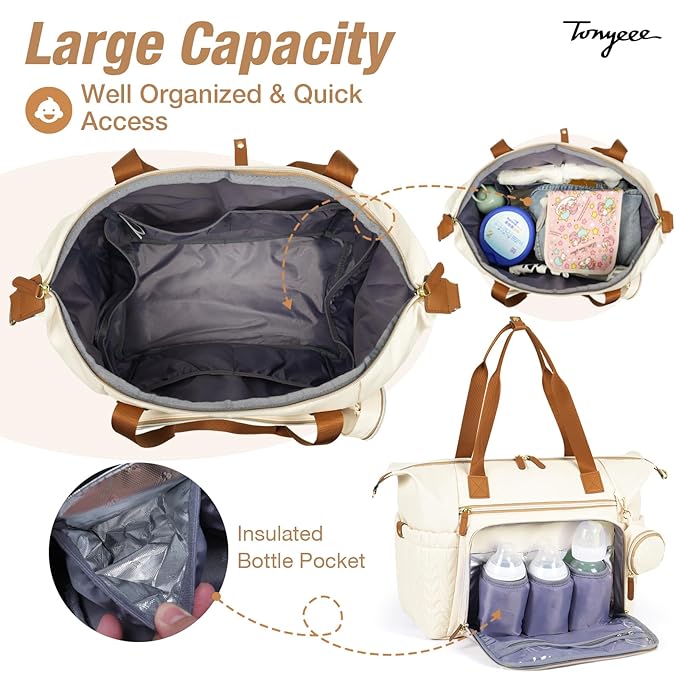 Diaper Bag Tote, Large Baby Diaper Bags Waterproof, Hospital Bag for Labor Delivery with Pacifier Case, Changing Pad, Shoulder Strap, Beige