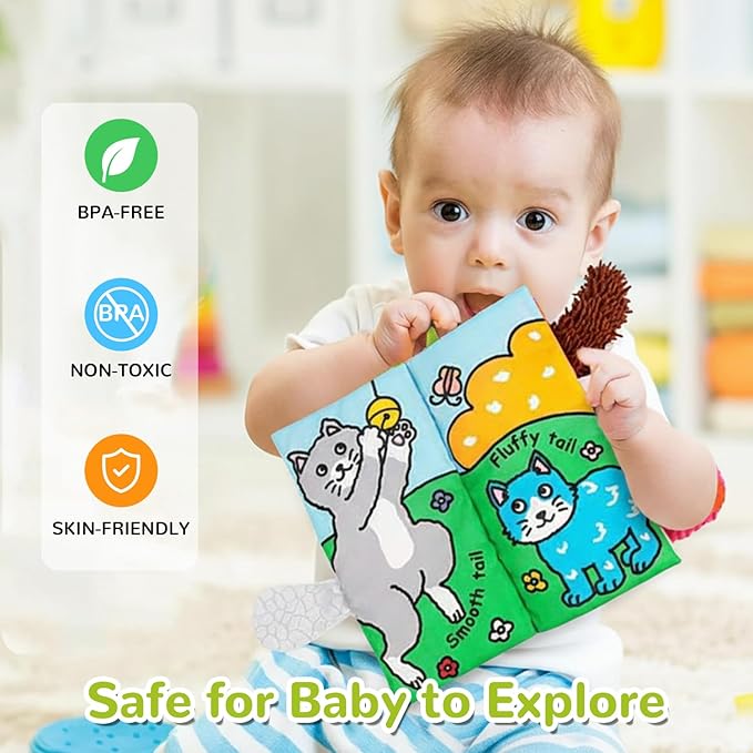 HECCEI Baby Cloth Books Soft Baby Book 0-6 Months Crinkle Books with Kitten Tails Touch and Feel Sensory Toys for Infant Tummy Time for 3 Months+ Easter Basket Stuffers