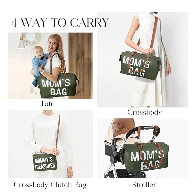 printe 6pcs Large Diaper Bag Tote with Changing Pad & 2 Organized Pouches, Mom's Bag for Hospital with Pacifier Case, Straps, Stroller Hook, Baby Diaper Bag for Weekender Travel, Olive Green