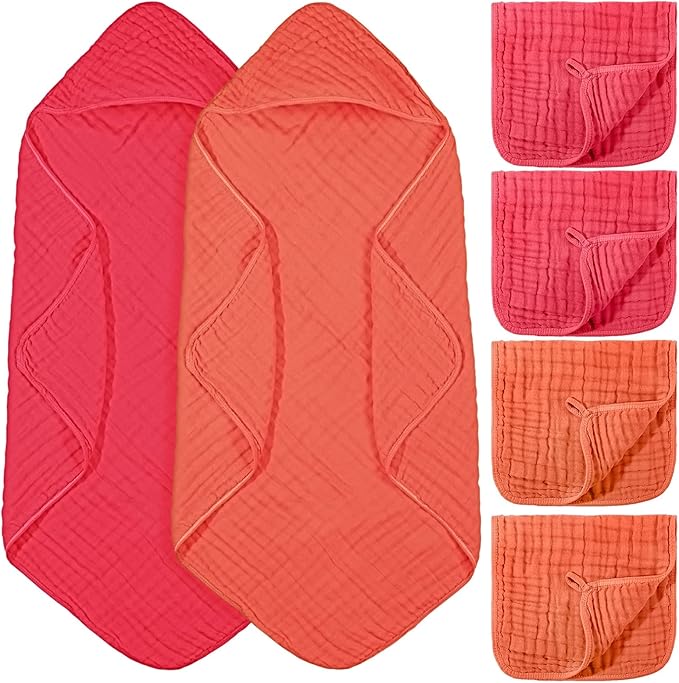 VitalCozy 6 Pcs Baby Muslin Hooded Bath Towels and Washcloths Muslin Cotton Hooded Baby Towels Absorbent Blankets for Gift Newborn Infant Shower (32 x 32 Inch,Cherry Red,Coral)