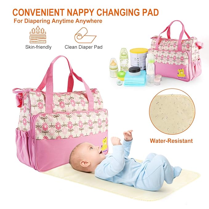 Moclever 5PCS Diaper Bag Tote Set for Baby Essentials – Large Baby Bags for Mom, Waterproof Maternity Bags with Bottle Bag, Food Bag & Changing Pad (Pink)