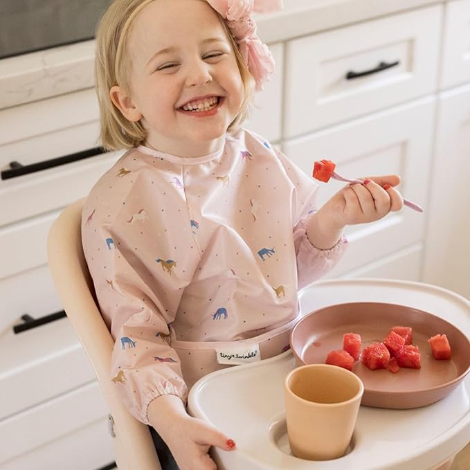 Tiny Twinkle Long Sleeve Bib for Babies & Toddlers | Waterproof Smock Bib for Eating | Machine Washable & Mess-Proof Feeding Essentials | Newborn Shower Gift (Unicorn Confetti, 6–24M)