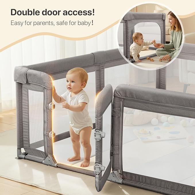 Baby Playpen,Extra Large Playpen for Babies and Toddlers, Sturdy Play Pen Play Yard with Safety Gate,79”x71”Baby Play Pen(Cationic Light Grey)