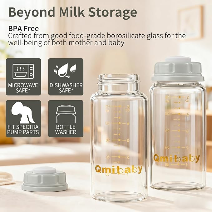 Natural Glass Baby Bottle 150ml 5oz Standard Neck Breast Milk Storage Bottles Compatible with Medela Breast Pumps for Breastmilk Storage Bottle Breastfeeding BPA-Free 4 Pack (Grey+Pink Lids)