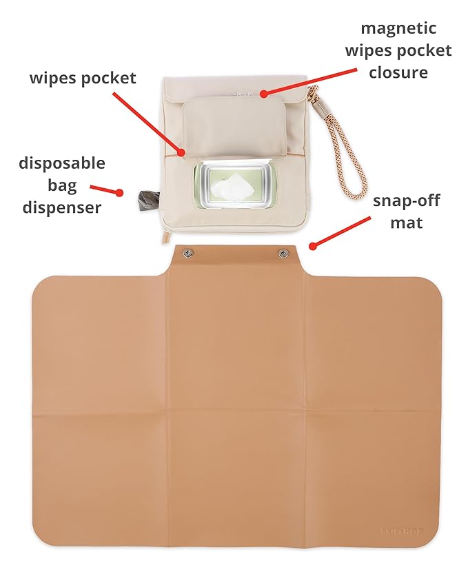 Skip Hop Travel Baby Changing Pad with Easy-Clean Surface, Covers Public Changing Stations, Wipes Pocket, Diaper Storage, Disposable Bag Dispenser and Magnetic Wipes Pocket, Clean Slate, Oat
