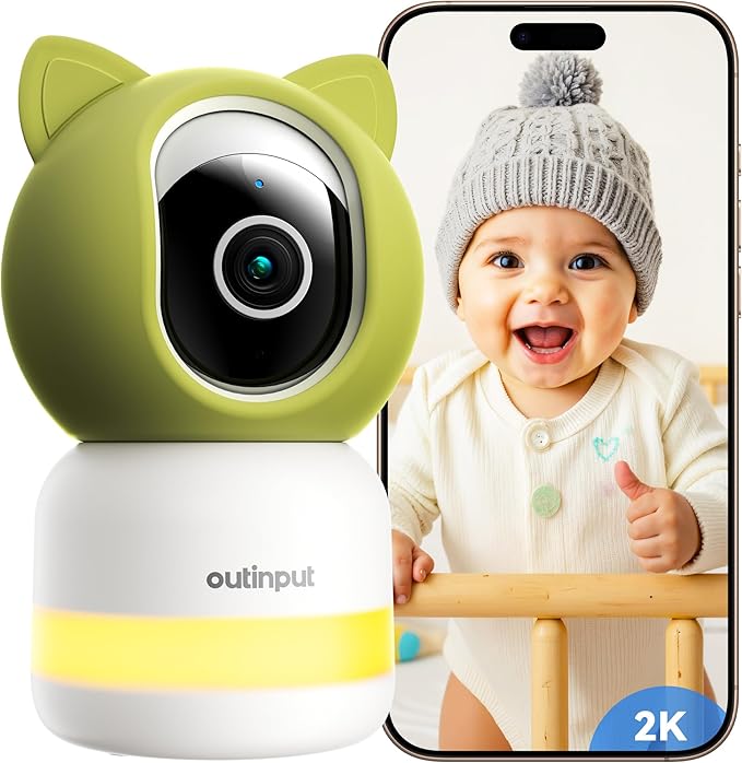 Outinput Baby Monitor with Camera and Audio, 2K 4MP Indoor Security Camera for Home, 360° PTZ, AI Crying & Feeding Alerts, Night Vision with Gentle Light, Soothing Lullabies, 2-Way Audio