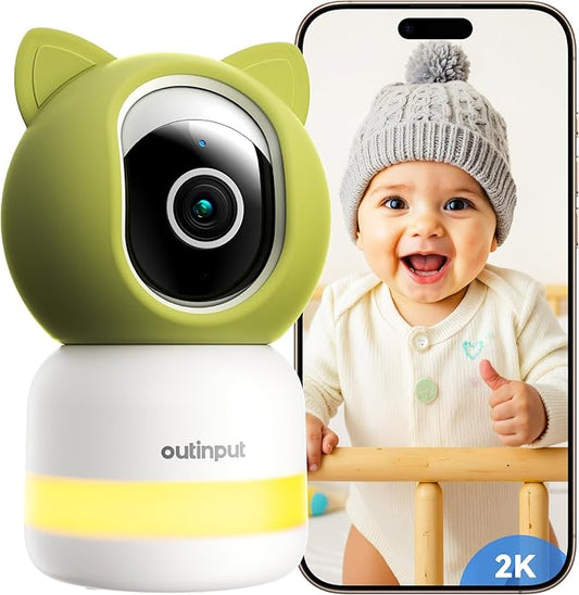 Outinput Baby Monitor with Camera and Audio, 2K 4MP Indoor Security Camera for Home, 360° PTZ, AI Crying & Feeding Alerts, Night Vision with Gentle Light, Soothing Lullabies, 2-Way Audio
