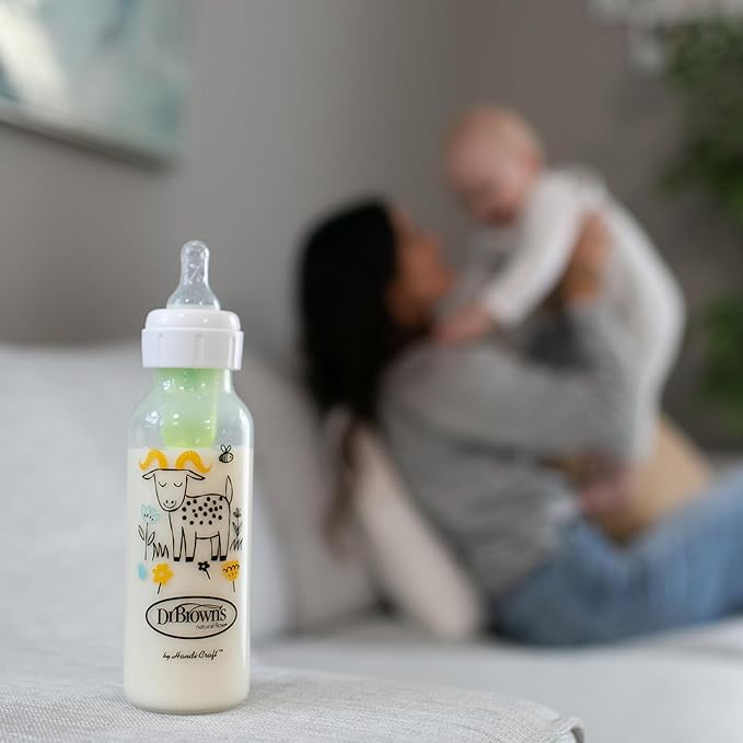Dr. Brown's Natural Flow Anti-Colic Options+ Narrow Baby Bottle, Squirrel & Goat, 8 oz/250 mL, with Level 1 Slow Flow Nipple, BPA Free, 0m+, (Pack of 12)