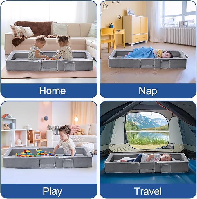 REAWUL Portable Folding Toddler Travel Bed,Kids Floor Bed, Washable Cot for Toddlers and Child,Grey