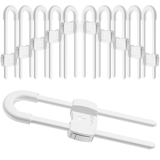 (10 pack white) 4 button Cabinet Locks, U-Shaped Proofing Drawers Safety Child Locks Adjustable, for Wardrobe,Kitchen,Bathroom,Drawer,Fridge,Cupboard Doors Knobs & Handles