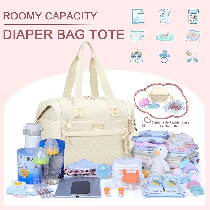 Diaper Bag Tote - Diaper Baby Bags with Pacifier Case, Shoulder Straps, Stroller Clips, Waterproof Large Mommy Maternity Travel Baby Bag for Mom and Dad, white