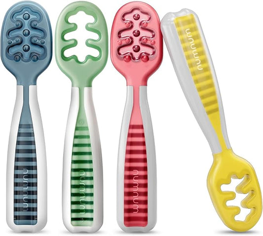 NumNum Baby Spoons Set, Baby Essentials Pre-Spoon GOOtensils for 6+ Months, First Stage Self-Feeding Spoons for Baby Led Weaning (BLW), Silicone Toddler Utensils, BPA-Free, 4 Pack Classic Colors