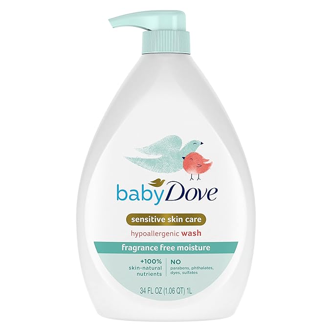 Baby Dove Sensitive Skin Care Baby Wash Fragrance Free Moisture For Baby Bath Time Fragrance Free and Hypoallergenic, Washes Away Bacteria 34 oz (Pack of 1)