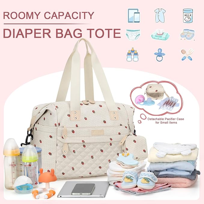 Diaper Bag Tote - Diaper Baby Bags with Pacifier Case, Shoulder Straps, Stroller Clips, Waterproof Large Mommy Maternity Travel Baby Bag for Mom and Dad, strawberry