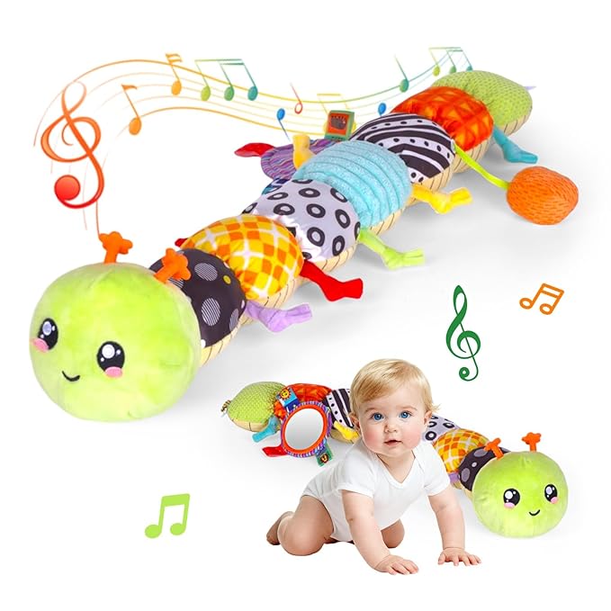 SRICH Baby Musical Plush Caterpillar Toy - 0-12 Months Tummy Time & Head Lifting Soft Sensory Toy, Rattle, Rustling Sounds & Mirror, Perfect Gift for Boys & Girls