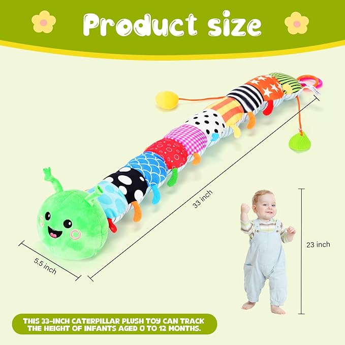 33in Plush Caterpillar Baby Sensory Toy 0-12 Months - Detachable Touch-Sensitive Music Box (30 Sounds), Baby Mirror, Crinkle Rattle & Teether - Perfect for Tummy Time, Car Seat Use - Ideal Newborn Sho