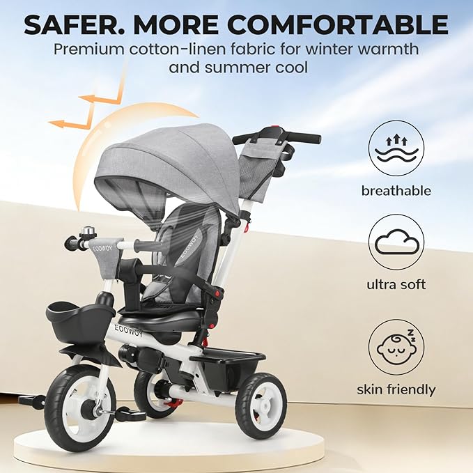Toddler Tricycle with Push Handle, 7 in 1 Stroller Trike with 360° Swivel Seat, Reclining Backrest, All-Terrain Wheels, Dual Brakes, Canopy & Storage, Gift for Kids 18 Months to 5 Years, Gray