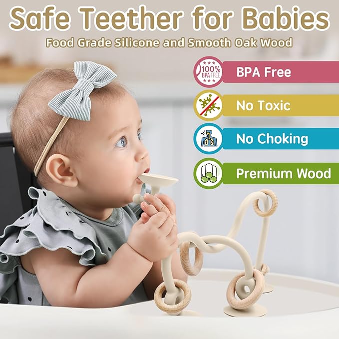Baby Sensory High Chair Suction Toys for Infant Toddlers 12 18 Months, Food Grade Silicone String with Oak Loop Montessori Educational Parent-Child Baby Bath Toy Gift for Birthday Christmas (Beige)