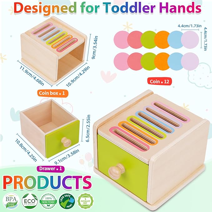 FCSONU Toddlers Montessori Coin Box Toys for 1 2 3 Year Old, Wooden Baby Toys for Toddlers 1-3, Color Sorting & Stacking Sensory Toys for Ages 2-4 Kids, Easter Birthday for Boys Girls