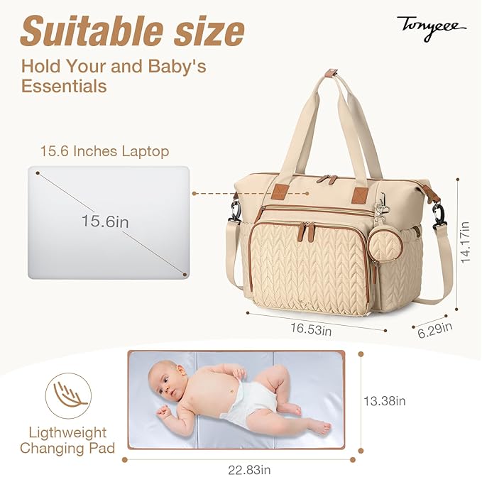 Diaper Bag Tote, Large Baby Diaper Bags Waterproof, Hospital Bag for Labor Delivery with Pacifier Case, Changing Pad, Shoulder Strap, khaki