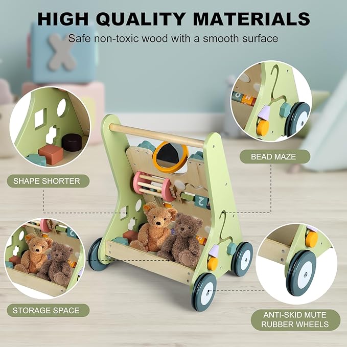11-in-1 Montessori Baby Walker Toddlers Push Walker Wooden Activity Center Gift for 1 Year Old Boys Girls, Adjustable Speed & Quiet Wheels Learning to Walk Sensory Toys Baby Sit-to-Stand Walking Toys