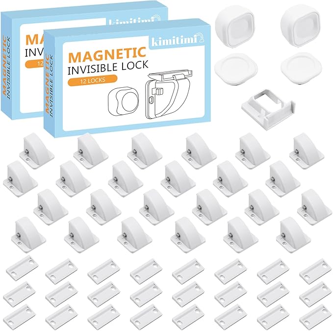 24 Pack Magnetic Cabinet Locks Baby Proofing - Child Safety Cabinet Latch Locks with Adhesive, No Drill or Tools Installation, for Cabinets Drawers Doors